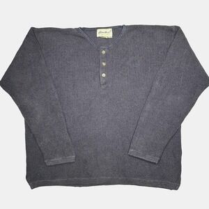 Eddie Bauer Sweater Mens L Gray Waffle Knit Henley Pullover Casual Thermal Y2K